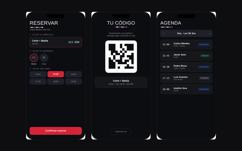 Pantallas de la app Colmena: reserva, código QR y agenda del día